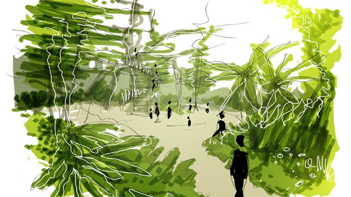 Croquis du jardin. Les végétaux choisis s’inspireront des illustrations des récits de Jules Verne où la plante est démesurée, exotique, luxuriante. Le microclimat de + 4°C dans la carrière permet d’y introduire des plantes tropicales, exotiques… Plus de 200 espèces seront plantées parmi lesquelles : fougère arborescente, bananiers, hosta à feuilles géantes, cycas, lotus, gunnera du Brésil © Phytolab